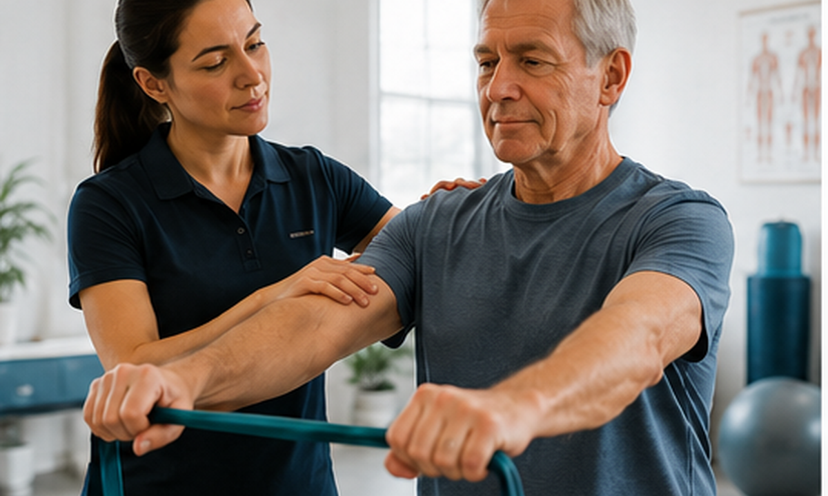 Physiotherapist guiding a patient through a supported exercise in a small clinic setting